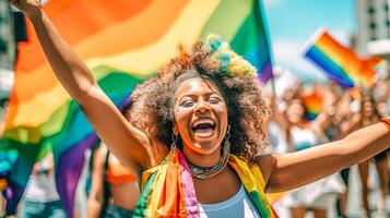 mujer a lgbt orgullo desfile, hecho con generativo ai foto