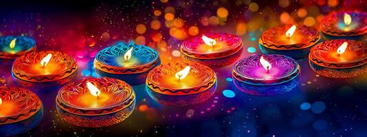 religious event diwali. burning oil in clay lamps, banner with ornament made with photo