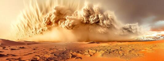 cloud of sandstorm in the desert, strong wind and sand, banner made with photo