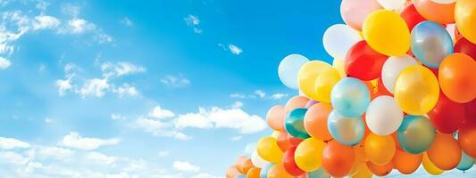 colorful balloons filled with helium in the air on a blue sky, banner with copy space, made with Generative AI photo