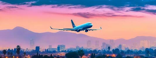 un avión tomando apagado dentro el nubes con un ciudad horizonte en el fondo, hecho con generativo ai foto