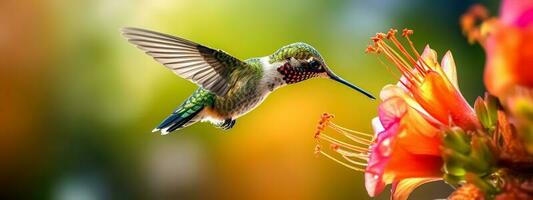 bright colorful hummingbird flying to flower for nectar, banner made with Generative AI photo