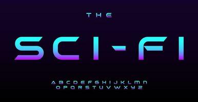 Vibrant sci-fi alphabet, simple futuristic letters. Modern font for EDM logo, club headline in retrofuturism robotic cyberpunk style. Wide typographic design. Vector typeset