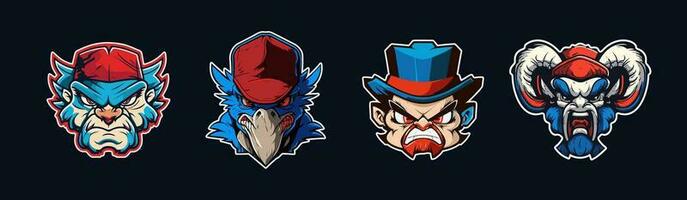 Cartoon animal head, red and blue sport logo collection with white outlined. Angry face of blazer, cougar, raptor and ram characters. Sport team mascot set. Vector illustration