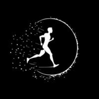 Minimalistic round logo template, white icon of runner silhouette on black background, modern logotype concept for business identity, t-shirts print, tattoo. Vector illustration