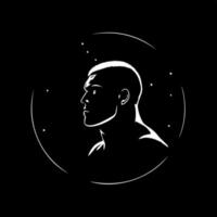 Minimalistic round logo template, white icon of man head profile portrait silhouette on black background, modern logotype concept for business identity, t-shirts print, tattoo. Vector illustration