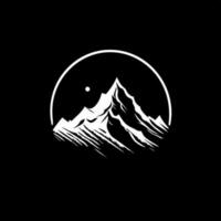 Minimalistic logo template, white icon of mountain silhouette on black background, modern logotype concept for business identity, t-shirts print, tattoo. Vector illustration