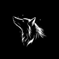 Minimalistic logo template, white icon of wolf silhouette on black background, modern logotype concept for business identity, t-shirts print, tattoo. Vector illustration