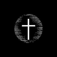 Minimalistic logo template, white icon of Christianity cross on black background, modern logotype concept for business identity, t-shirts print, tattoo. Vector illustration