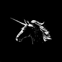 Unicorn dotwork tattoo with dots shading, depth illusion, tippling tattoo. Hand drawing white emblem on black background for body art, minimalistic sketch monochrome logo. Vector illustration