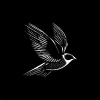 Swallow flight dotwork tattoo with dots shading, depth illusion, tippling tattoo. Hand drawing bird emblem on black background for body art, minimalistic sketch monochrome logo. Vector illustration