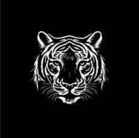 Tiger head dotwork tattoo with dots shading, depth illusion, tippling tattoo. Hand drawing wild animal emblem on black background for body art, minimalistic sketch monochrome logo. Vector illustration