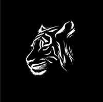 Tiger head dotwork tattoo with dots shading, depth illusion, tippling tattoo. Hand drawing wild animal emblem on black background for body art, minimalistic sketch monochrome logo. Vector illustration