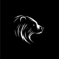 Bear head silhouette tattoo, logo template. Hand drawing wild animal emblem on black background, minimalistic sketch monochrome art. Vector illustration
