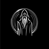 Sorcerer head silhouette tattoo, astronomer logo template. Fortune teller emblem on black background, magician elder line icon. Vector illustration