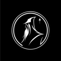 Sorcerer head silhouette tattoo, astronomer logo template. Fortune teller emblem on black background, magician elder line icon. Vector illustration