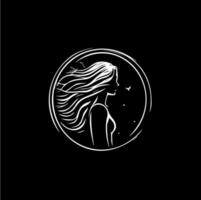 Black and white silhouette of a young girl head with hairstyle, woman profile icon with branch leaves, modern logo for the cosmetics brand, hair care product, beauty saloon. Vector illustration