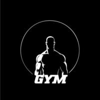 Bodybuilder male figure icon, GYM logo template, athletic man sign white silhouette on black background. Vector illustration