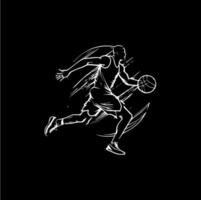 Basketball player white emblem, running with ball, action player icon, hand drawing tattoo sketch silhouette on black background. Vector illustration.