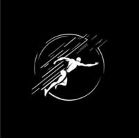 White icon of runner or jumper silhouette on black background, sport logo template, jogging or jumping modern logotype concept, t-shirts print, tattoo, infographic. Vector illustration