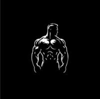 Bodybuilder male figure icon, GYM logo template, athletic man sign white silhouette on black background. Vector illustration