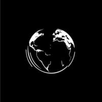 Earth logo template, globe world round emblem, save planet icon. Global planet sphere hand drawing emblem on black background, monochrome sketch art. Vector illustration