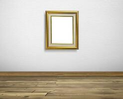Golden picture frame on white walls and wooden floors photo