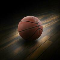 un baloncesto con un oscuro antecedentes en un madera dura gimnasio piso foto