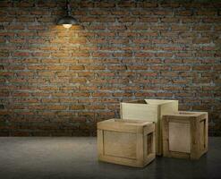 yellow wooden crate The interior of the room brick wall, lamp illuminated photo