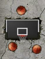 Basketball ball flying through the wall and Basketball hoop on cement wall through the with cracks photo