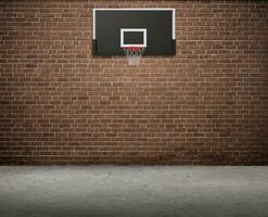 Basketball hoop on brick wall and cement floor photo