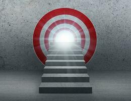 Image of empty stairs toward a red dartboard with shining target background photo