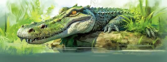 crocodile, alligator on the river in the jungle, banner, made with photo