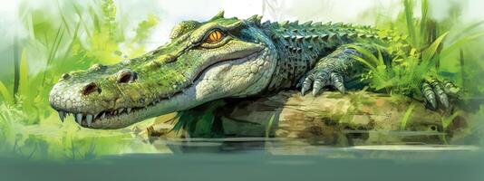 crocodile, alligator on the river in the jungle, banner, made with Generative AI photo