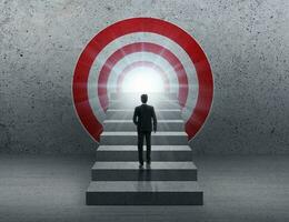 Businessman climbing concrete stairs. toward a red dartboard with shining target background photo