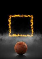 basketball ball and square, of fire in black smoke background photo