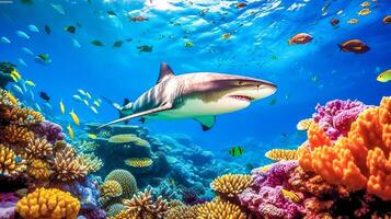 big shark in ocean waters, underwater colorful world with predator, made with Generative AI photo