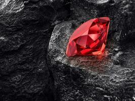 Red dazzling diamond on black coal background photo