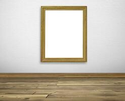 Golden picture frame on white walls and wooden floors photo