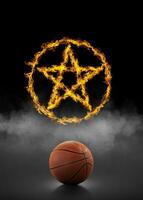 basketball ball and ring star, of fire in black smoke background photo