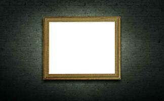 Golden picture frame on dark wall photo