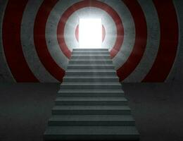 Image of empty stairs toward a red dartboard with shining target background photo