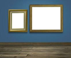 Golden picture frame on Colored wall and brown wooden floor photo