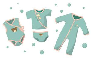 Set of children's clothes. Baby bodysuit, panties and t-shirt, jumpsuit with bears and pins. vector