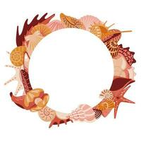 Circle frame with seashells, starfish, clams. Border vector