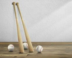 béisbol pelota y de madera béisbol murciélago en blanco vacío habitación de madera piso con luz de sol emitir oscuridad en pared foto