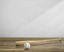 béisbol pelota y de madera béisbol murciélago en blanco vacío habitación de madera piso con luz de sol emitir oscuridad en pared foto