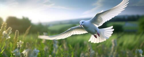 International Peace Day, White Dove Flying on Blue Sky Background, Bird of Peace Symbol. photo