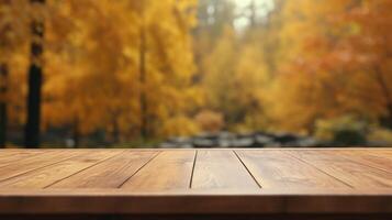 Empty Wooden Table for Product Display on Autumn Nature Background. photo