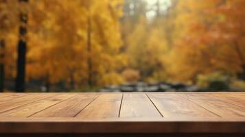 Empty Wooden Table for Product Display on Autumn Nature Background. Generative Ai photo